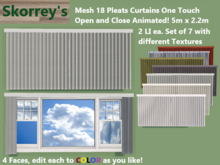 18 Pleat Mesh Curtains & Drapes Full Set, Animated Touch Open/Close, 7 Textures, 4 Editable Faces, Resizable, Adjustable