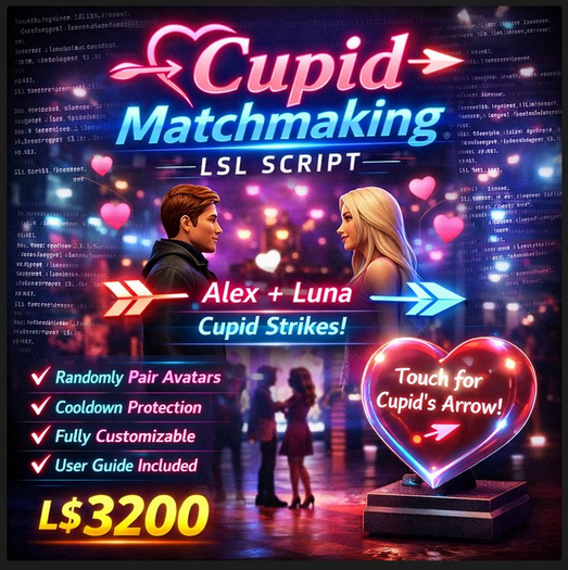 Cupid Matchmaking LSL Script for Second Life – Full Perm Romantic Pairing System with User Guide