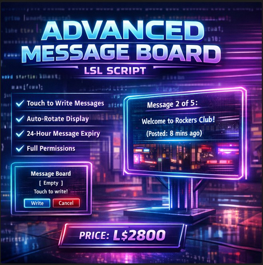 Wall of Whisper Advanced Message Board LSL Script | Touch-to-Write | Auto-Rotating Floating Text | Full Perm 