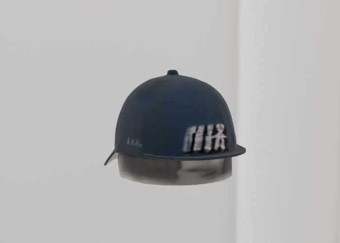 baseball cap sitting on a reflective surface