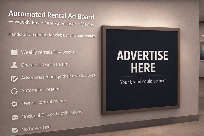 Automated Rental Ad Board — Weekly Pay • One Advertiser • Menus