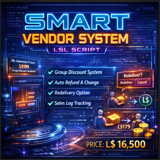 Smart Vendor System LSL Script with Group Discount, Redelivery & Auto Refund | Full Perm