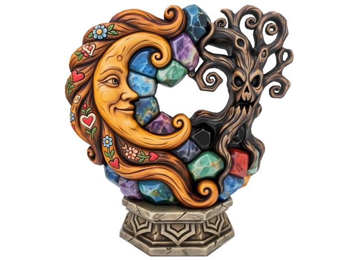 HB: Whimsy Carved Wood Stone Moon Tree FuLL PERM