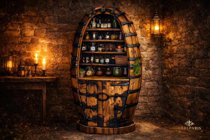 Barrel Pantry Cabinet Furniture – Rustic Kitchen Storage Decor