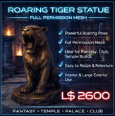 Roaring Tiger Statue – Full Permission Mesh Sculpture for Second Life | Decor, Temple, Club & Fantasy Builds