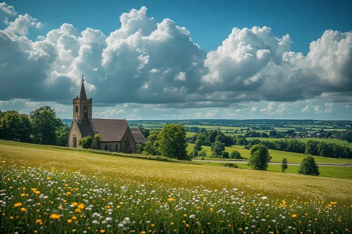 Beautiful Chapel with Flowered Meadow