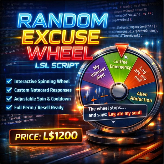 Random Excuse Wheel LSL Script – Interactive Spinning Wheel with Notecard Support | Full Perm