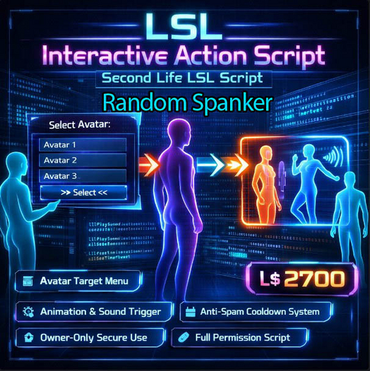 LSL Interactive Spank Action Script – Avatar Target Menu, Animation, Sound & Anti-Spam Cooldowns (Full Perm)