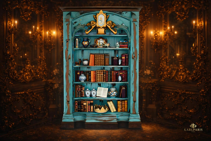 Vintage Turquoise Carved Display Bookcase – Baroque Bohemian Style