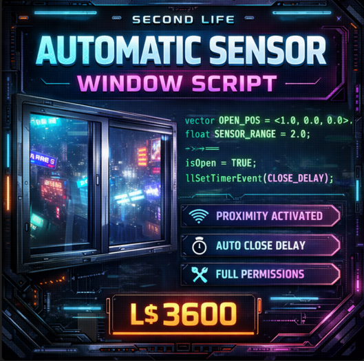 Second Life Automatic Sensor Window Script – Smart Proximity Open & Auto Close System (Full Perm LSL)