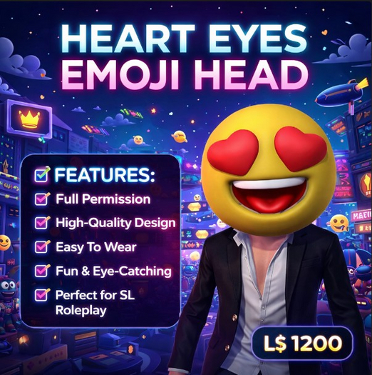  Heart Eyes Emoji Head – Full Permission Mesh Avatar Head for Second Life | Cute Expressive Face Accessory | Resell & Mo