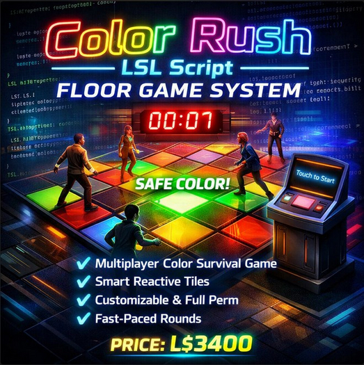 Color Rush Floor Game System for Second Life – Full LSL Script with Controller & Smart Tiles | Multiplayer Interaction