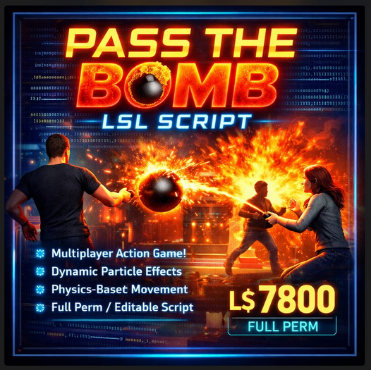Multiplayer Pass the Bomb Game LSL Script – Full Perm Interactive Party Game System for Second Life