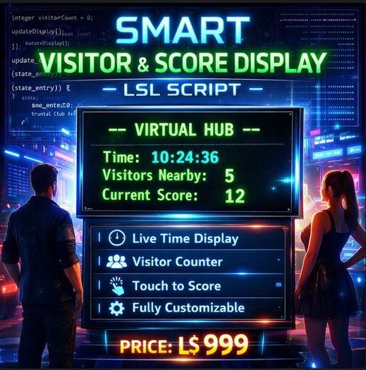 Smart Visitor & Score Display LSL Script for Second Life – Real-Time Interactive Dashboard for Clubs, Games & Hubs