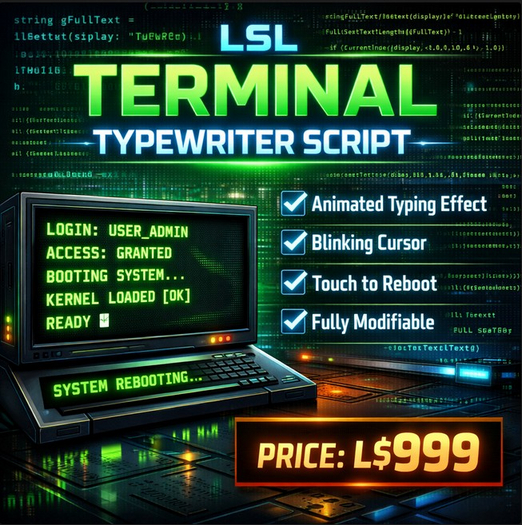 LSL Terminal Typewriter Script – Animated Hover Text with Blinking Cursor for Second Life