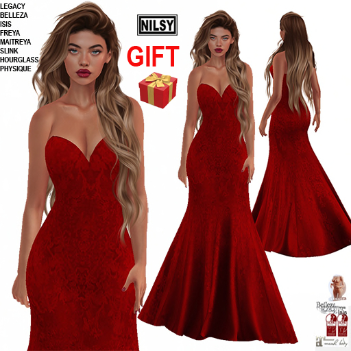 GIFT,STRAPLESS RED LACE GOWN,MESH BODY