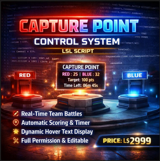 Capture Point Control System (LSL) – Advanced Team Zone Domination Script for Multiplayer Games | Full Permission | Inte