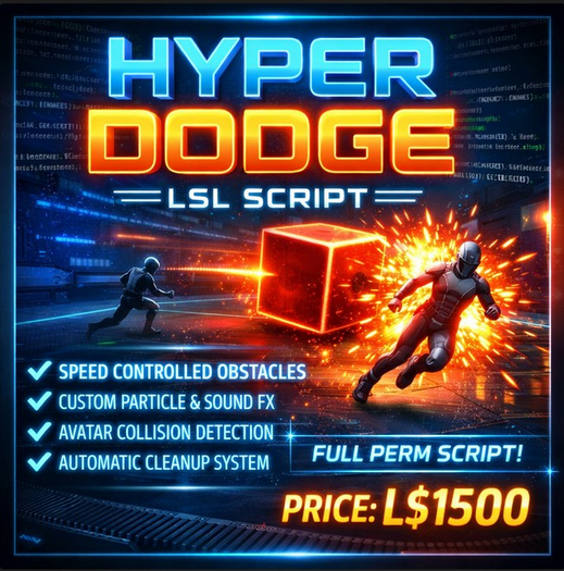 Hyper Dodge Moving Obstacle LSL Script – Full Permission Multiplayer Game Hazard System with Collision Detection, Partic