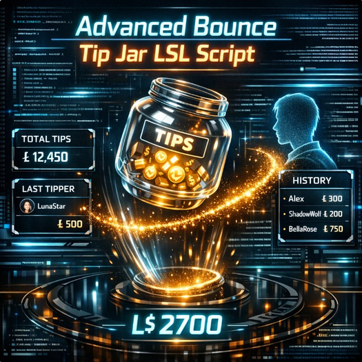 Advanced Bounce Tip Jar LSL Script – Animated, Interactive, Smart Tip Tracking System for Second Life – Full Permissions