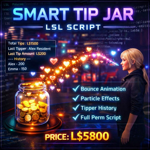 Full Perm Smart Tip Jar Script with Bounce Animation, Particle Effects, Sound, Tipper History & Hover Text System 