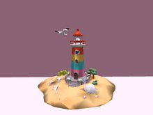 colorful light house with seashels and seagull-