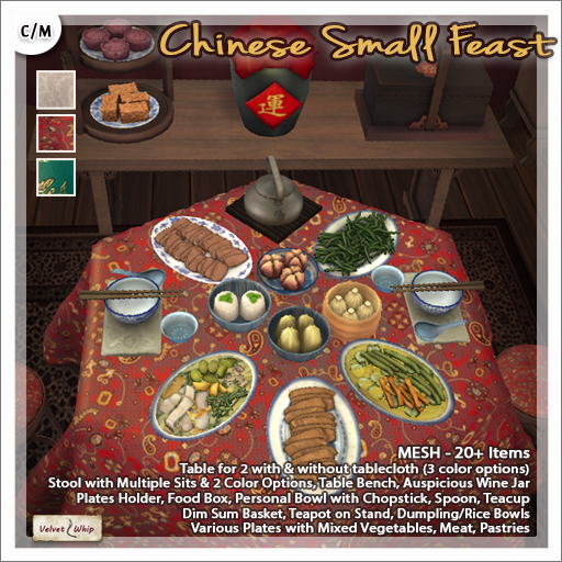 [V/W] Chinese New Year Small Feast - 20+ Items Asian Dining Set for Two: Furniture, Food, Accessories