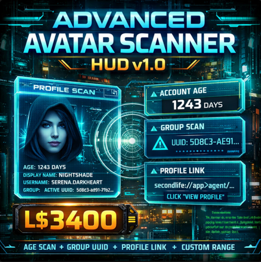 Advanced Avatar Scanner HUD v1.0 – Full Permission Multi-Function Profile & Age Detection System for Second Life