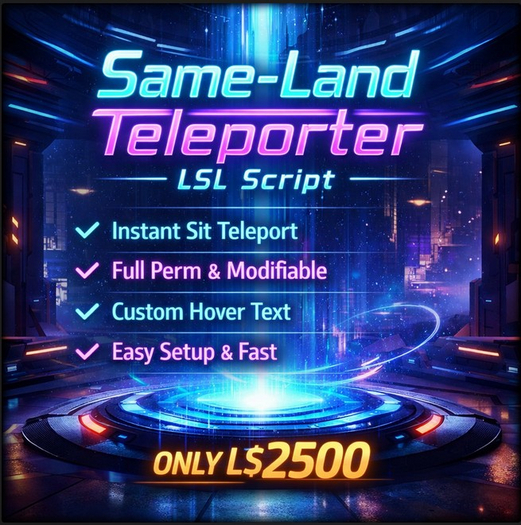 Full Perm Same-Land Teleporter LSL Script – Instant Sit Teleport System | Fast Position Transfer | Easy Setup | Custom H