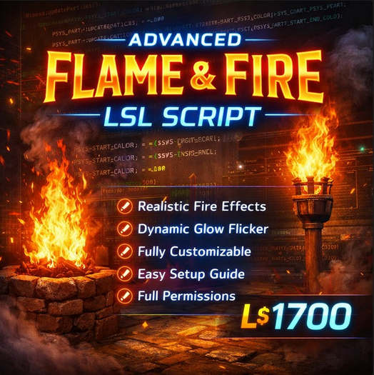 Advanced Flame & Fire LSL Script for Second Life – Full Permission, Realistic Particle Effects