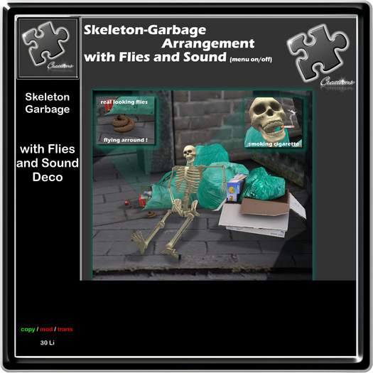 Skeleton + Garbage + Poo Arrangement with flies and sound menu