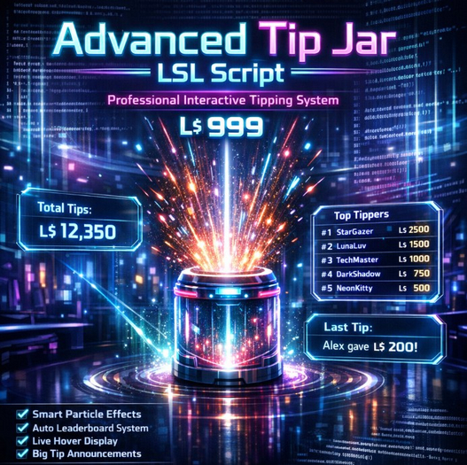Advanced LSL Tip Jar Script with Particle Effects, Leaderboard & Smart Pay System for Second Life – Full Permission Rese