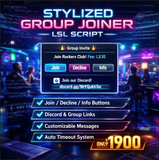 Stylized Group Joiner LSL Script for Second Life – Full Permission, User-Friendly, Discord & Group Integration