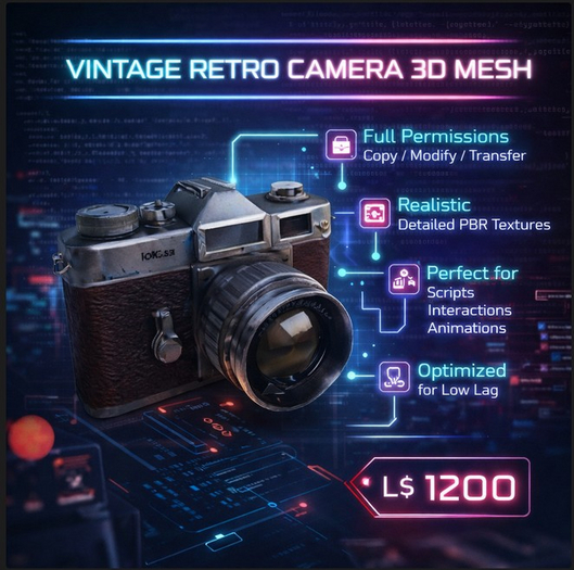 Vintage Retro Camera 3D Mesh – Ultra Realistic Classic Photography Prop – Full Permissions Builder Resource for Second L
