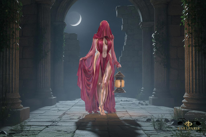 Mystic Veiled Priestess Statue – Fantasy Lantern Goddess Sculpture