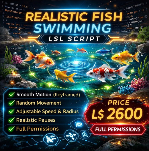 Realistic Fish Swimming LSL Script for Second Life – Keyframed Motion, Smooth Random Movement, Aquarium & Pond Ready