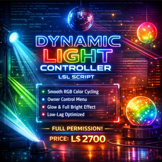 Dynamic Light Controller LSL Script for Smart Color Cycling & Glow Effects – Full Permission – Optimized Lighting System