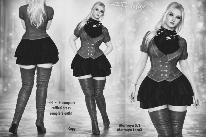 DEMO ~FT~  Steampunk  ruffled dress complete outfit  (HUD)