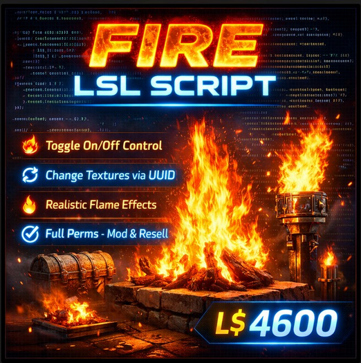 Realistic Fire LSL Script – Wearable or Rezz-Ready Particle System, Texture Changeable, Full Permissions