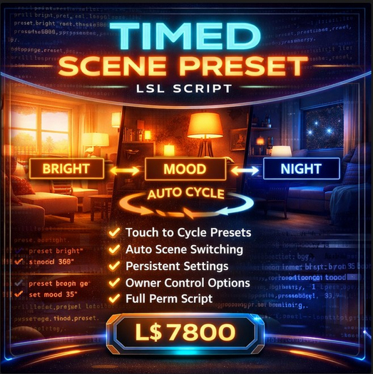 Timed Scene Preset Lighting Controller LSL Script – Smart Auto Scene Cycling, Persistent Settings, Full Permission