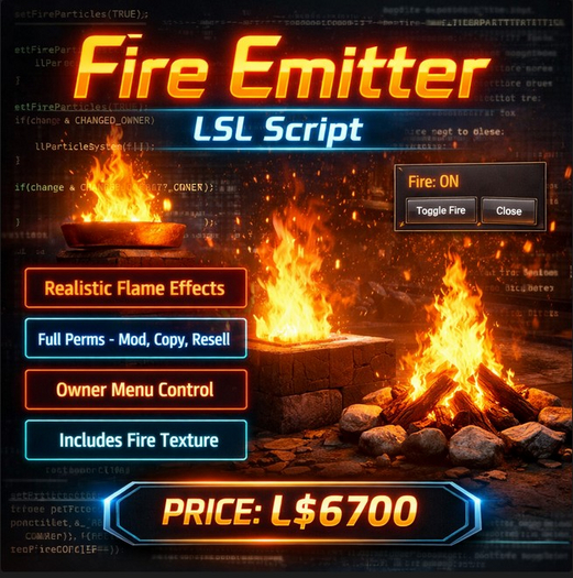 LSL Fire Emitter Script with Custom Texture – Realistic 2–4 Second Particle Flames, Full Permission