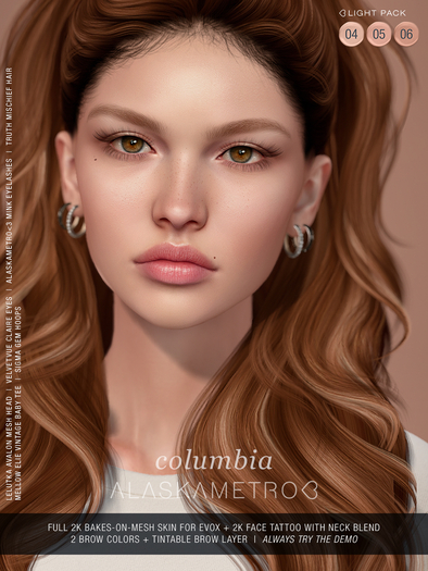 UPDATED! "Columbia" Lelutka EvoX 2K BOM skin - Light pack (3 tones)