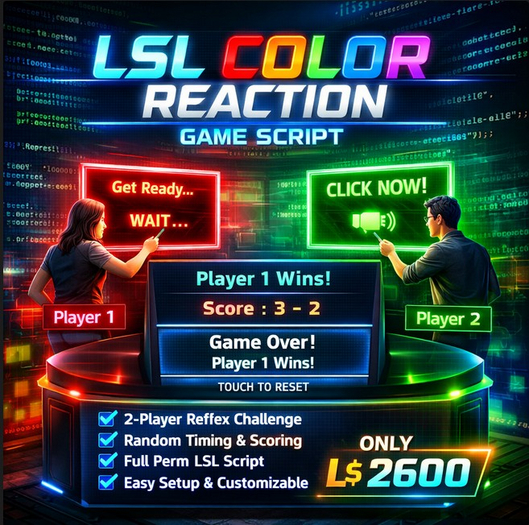 LSL Color Reaction Game Script – 2 Player Speed Challenge with Random Timing, Score System & Full Permissions 