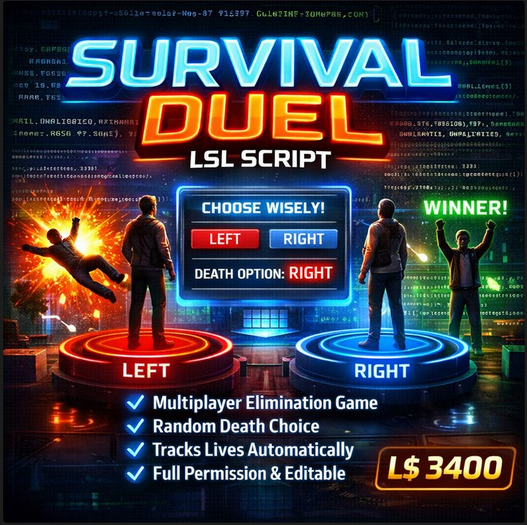 Survival Duel LSL Script – Multiplayer Elimination Game System with Dialog Choices, Lives Tracking & Auto Round Engine