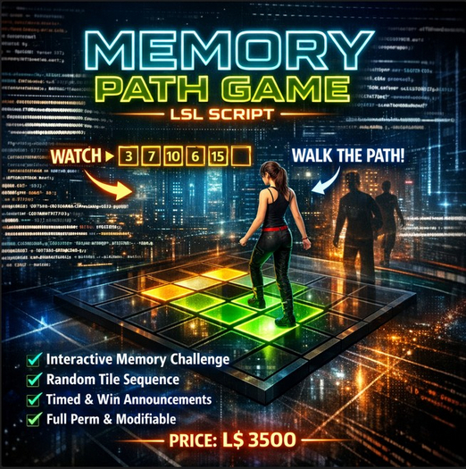 Memory Path Game LSL Script – Interactive Floor Memory Challenge System for Second Life | Full Permission Script