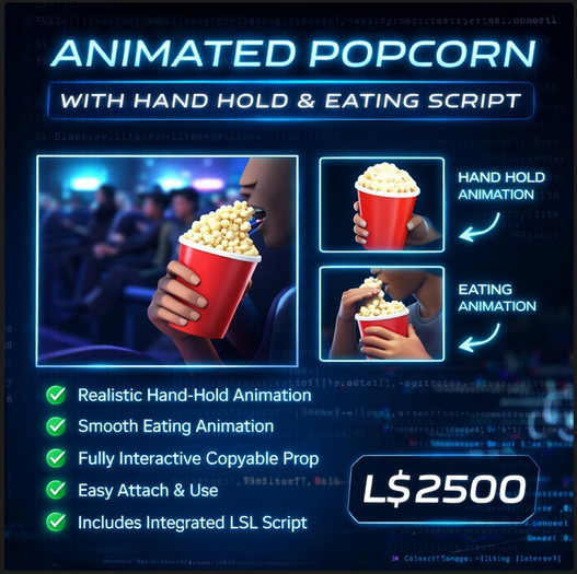 Realistic Animated Popcorn with Hand Hold & Eating Script | Interactive Snack Prop (Copy Only)