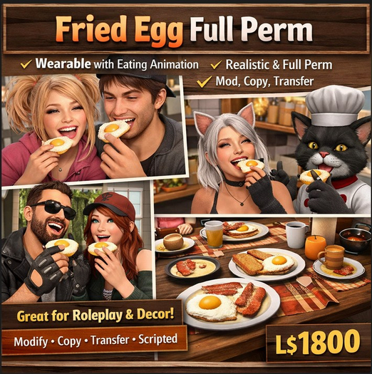Fried Egg Full Perm – Realistic Handheld Food with Eating Animation, Scripted Wearable Prop