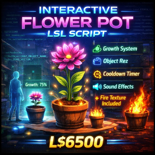 Full Perm Interactive Flower Pot LSL Script – Grow System, Rez Function, Cooldown, Sounds, Fire Texture Included