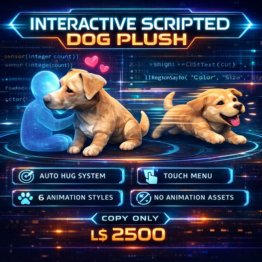 Interactive Scripted Dog Plush – Auto Hug System – 6 Animation Styles – Touch Menu Pet – Copy Only – No Animation Assets