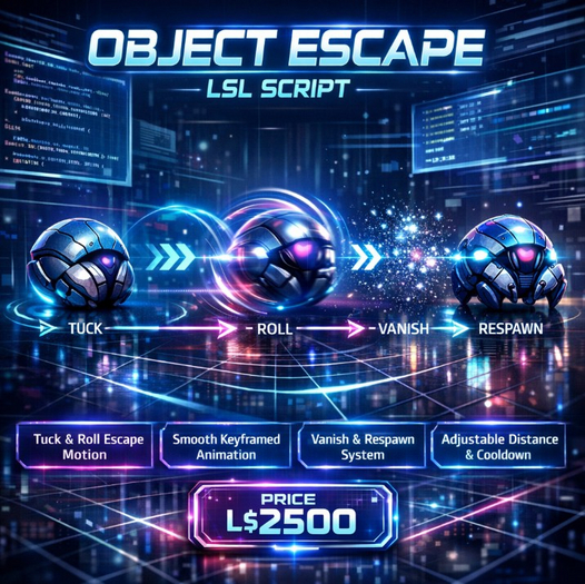 Object Escape LSL Script – Dramatic Roll, Vanish, Respawn System with Cooldown | Full Permission Interactive Animation