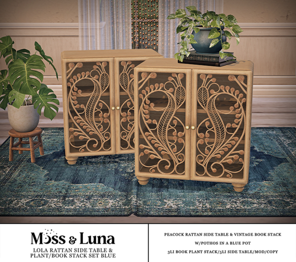 Moss & Luna- Lola Rattan Table & Books Blue (add)